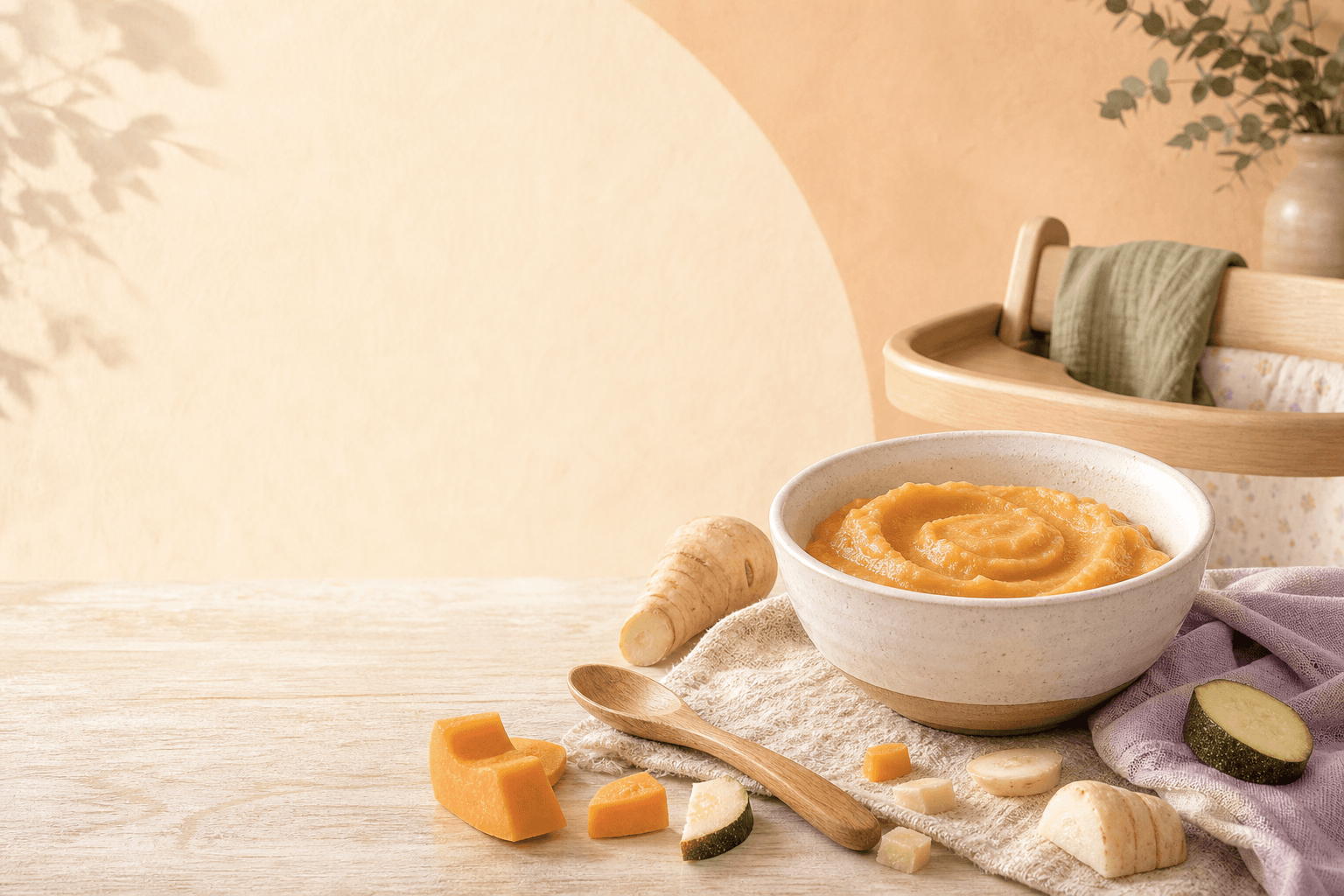 Baby food puree with pumpkin, parsnip and zucchini
